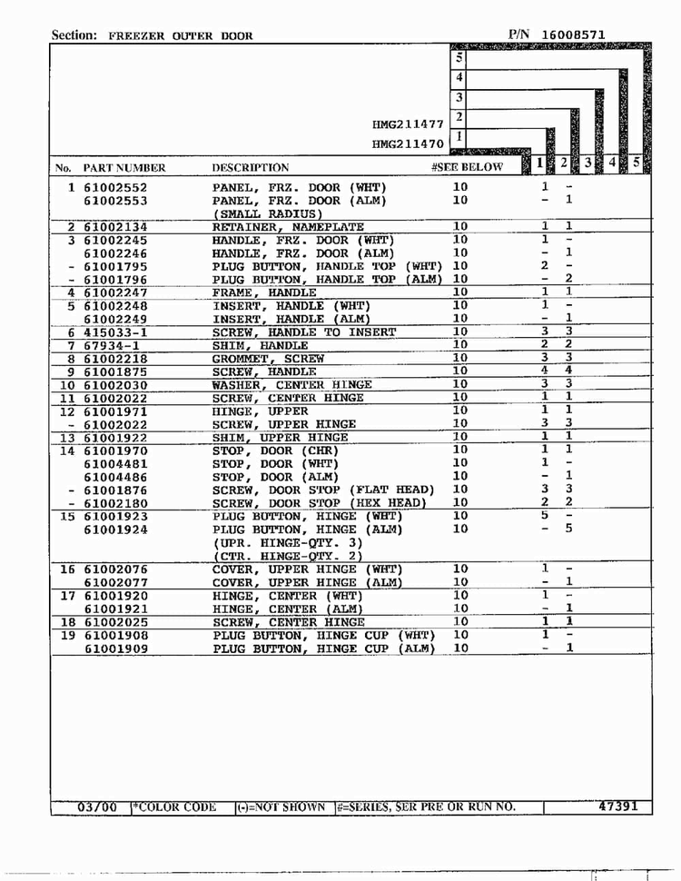 Freezer Outer Door Page 2 Diagram and Parts List for HMG211470  Admiral Refrigerator