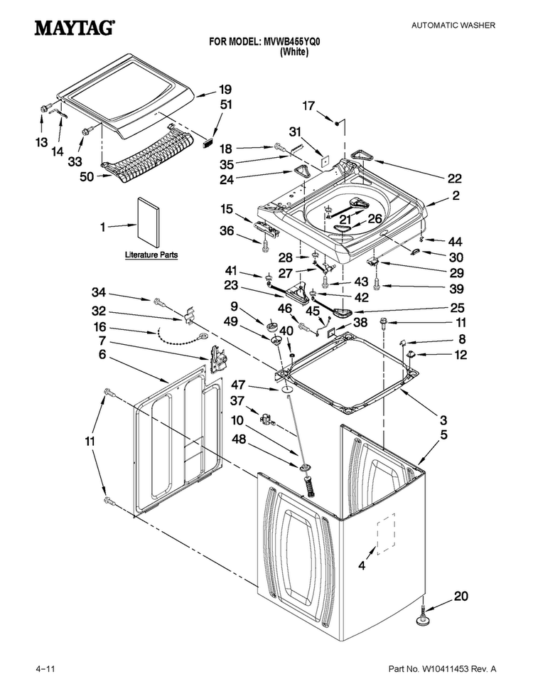Top And Cabinet Parts Diagram and Parts List for MVWB455YQ0  Maytag Washer