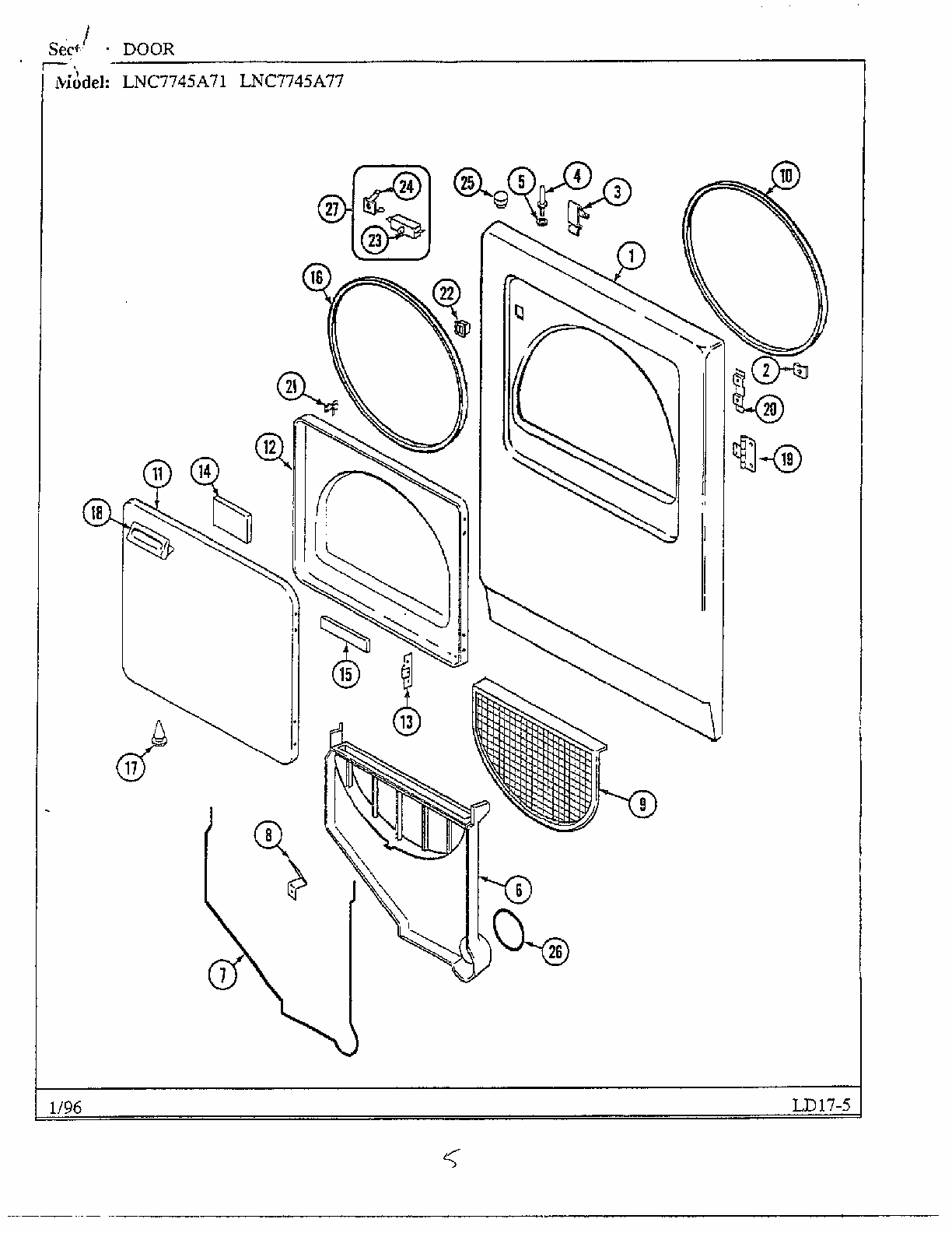Door Diagram and Parts List for LNC7745A71  Maytag Dryer
