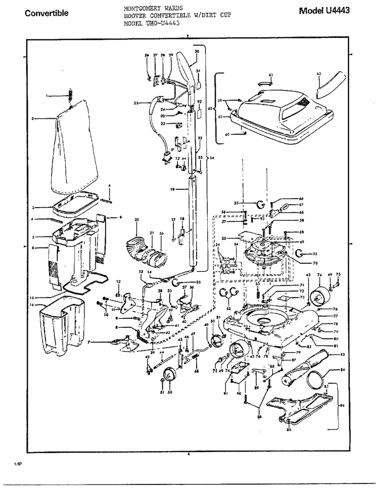 Hoover Convertible Diagram and Parts List for U4443  Hoover Upright Vacuum