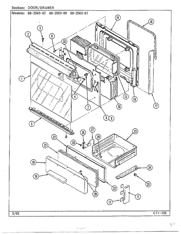 Door/drawer Diagram and Parts List for 68-2563-87  Magic Chef Range
