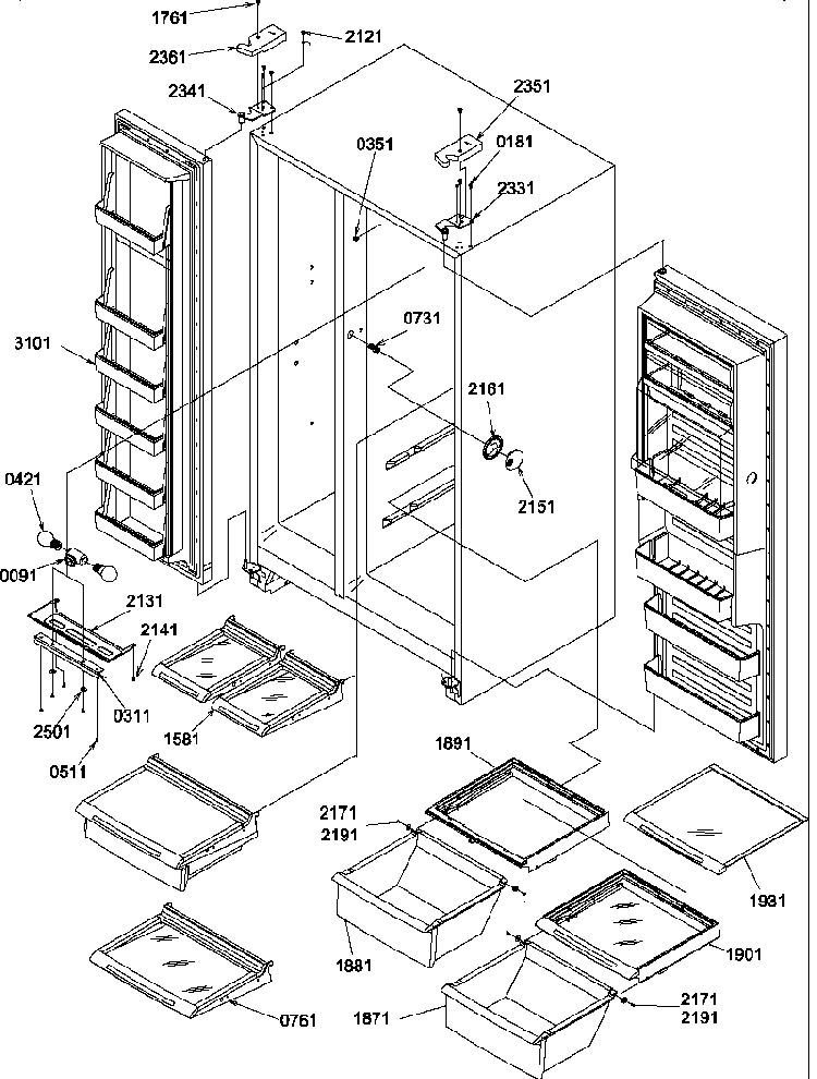 Refrigerator/freezer Shelves, Lights, And Hinges Diagram and Parts List for SBI20S2W-P1190710WW  Amana Refrigerator
