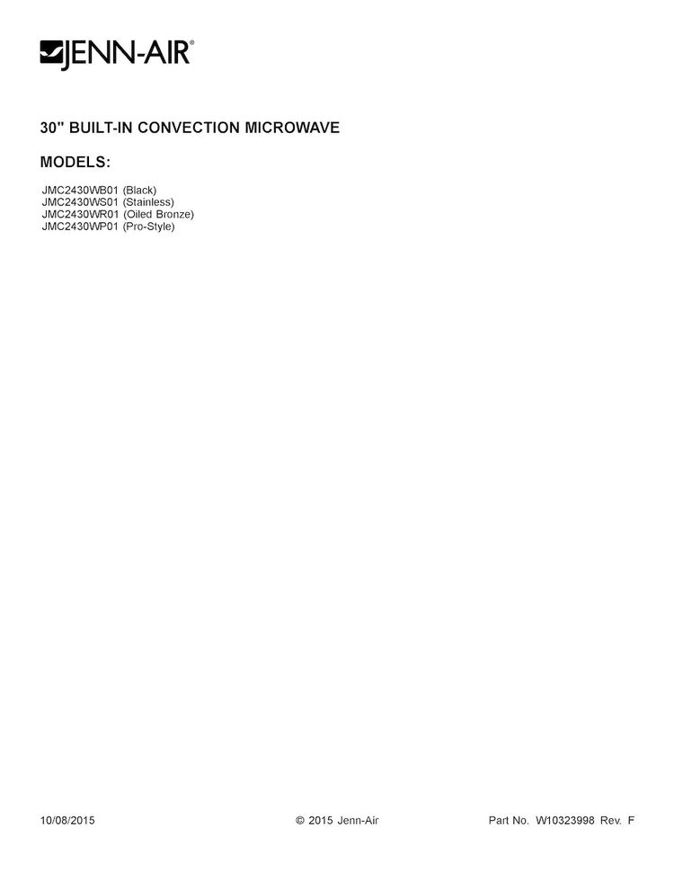Cover Sheet Diagram and Parts List for JMC2430WS01  Jenn-Air Microwave