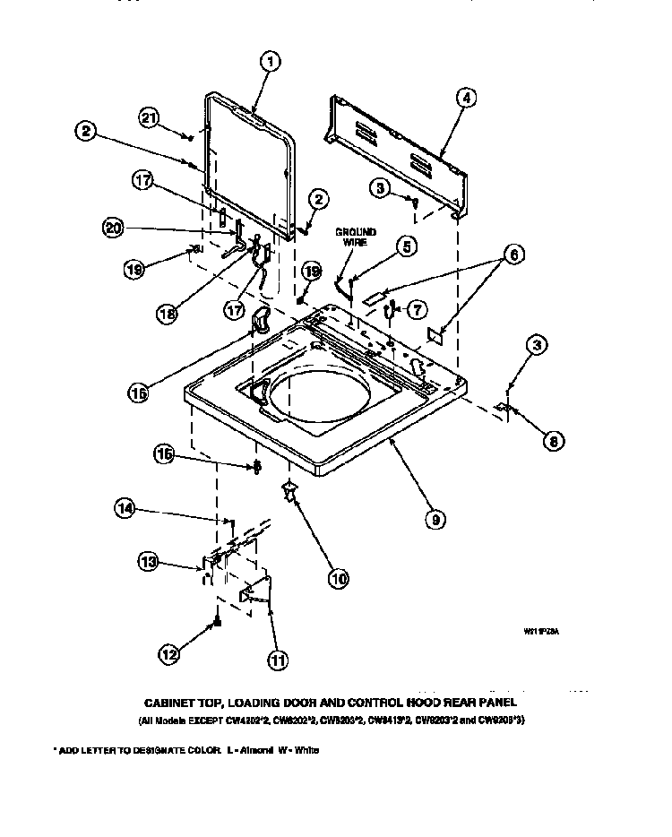 Cabinet Top, Loading Door And Control Hood Rear Panel Diagram and Parts List for LW8203W2B-PLW8203W2A  Amana Washer
