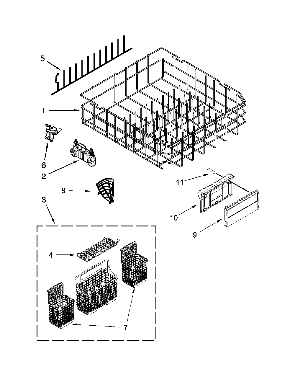 Lower Rack Parts Diagram and Parts List for 66514762N510  Kenmore Dishwasher