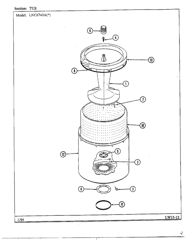 Tub Diagram and Parts List for 6740A  Norge Washer