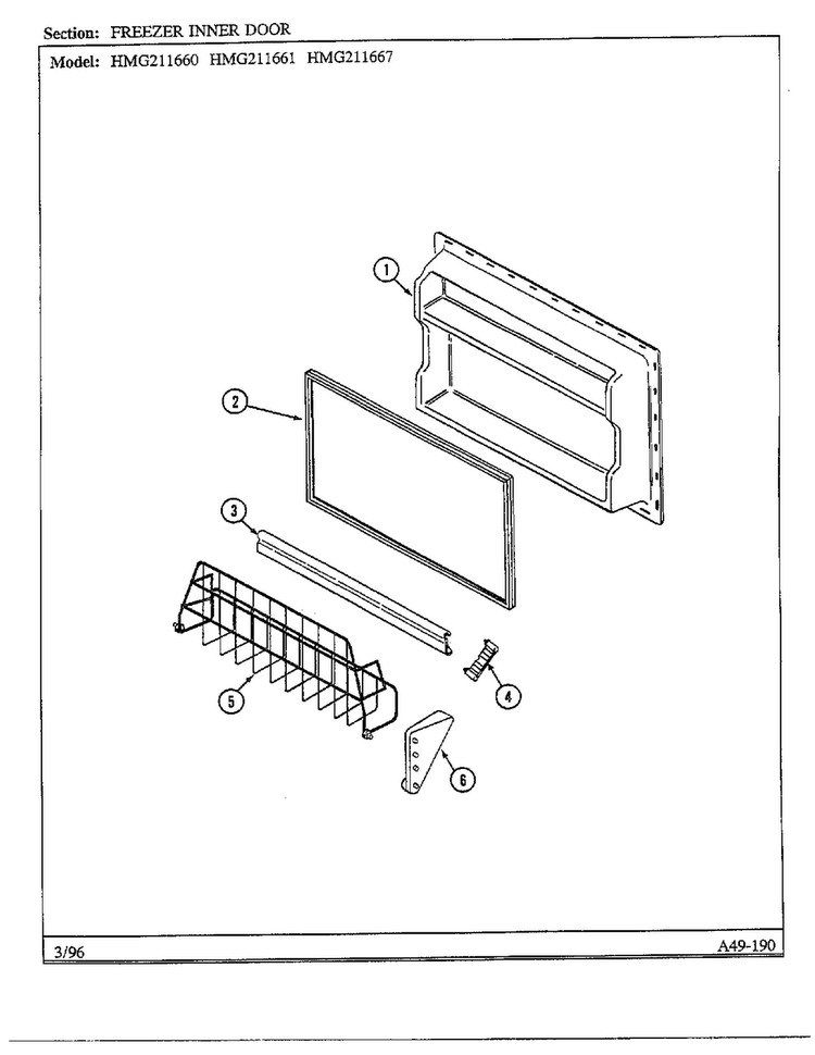 Freezer Inner Door Diagram and Parts List for HMG211660  Admiral Refrigerator