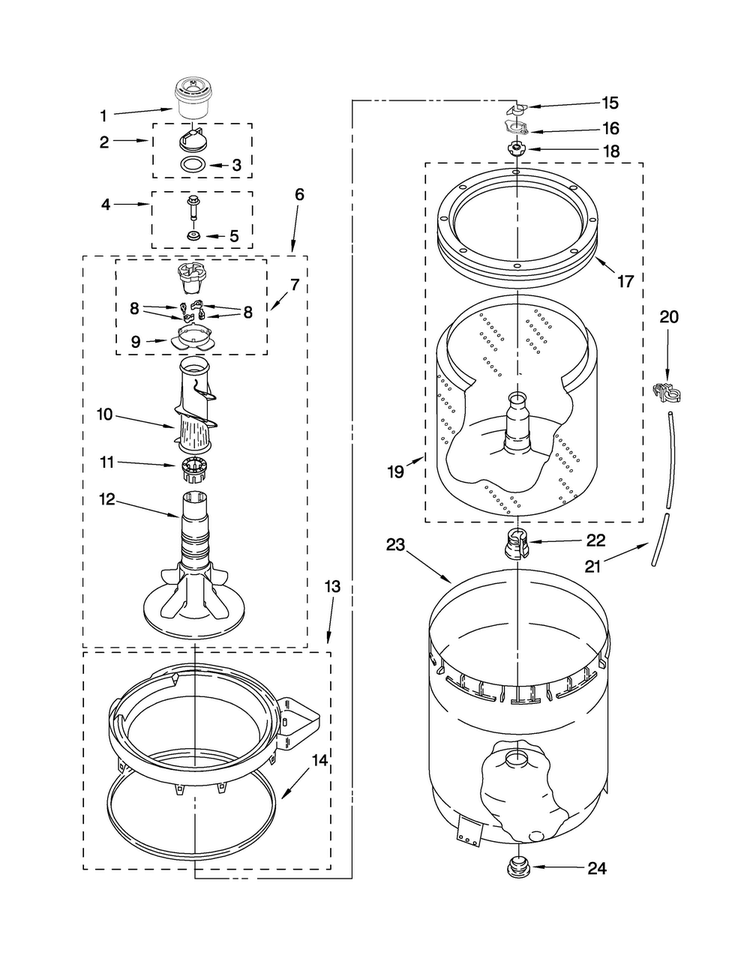 Agitator, Basket And Tub Parts Diagram and Parts List for 4KMTW5755TW1  Maytag Washer