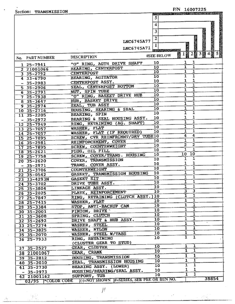 Transmission Page 2 Diagram and Parts List for LNC6745A77  Admiral Washer