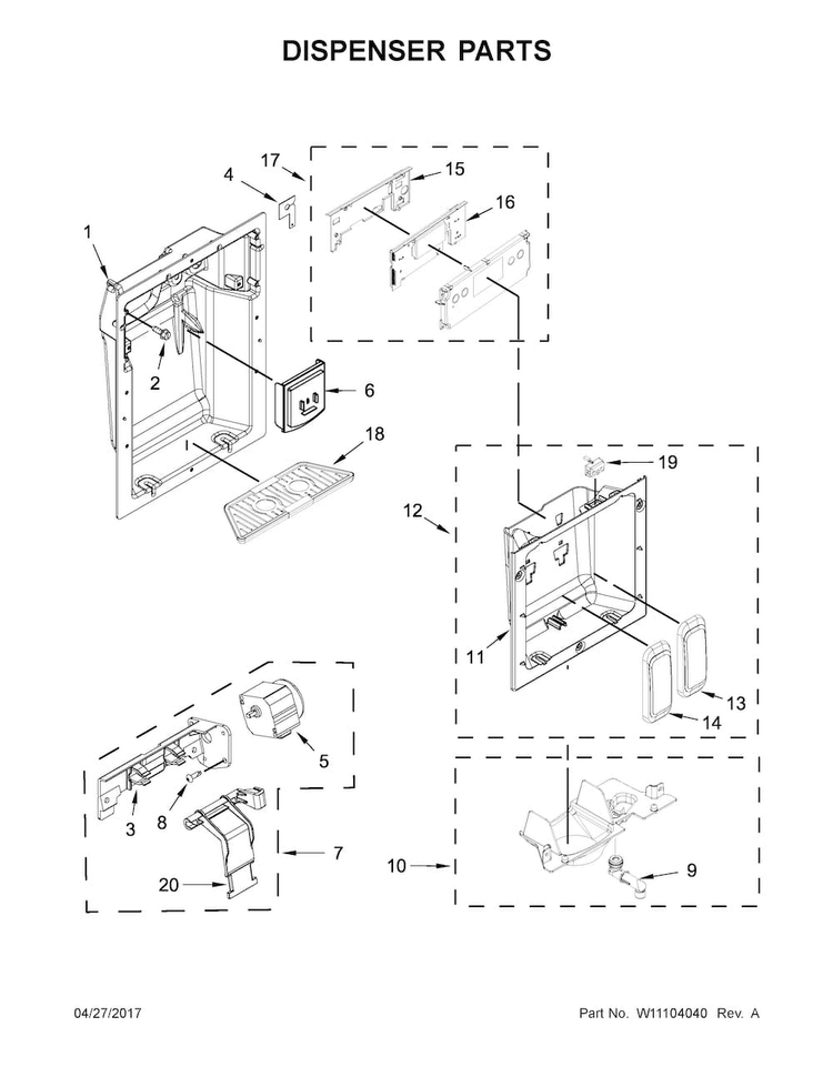Dispenser Parts Diagram and Parts List for JS48PPDUDE01  Jenn-Air Refrigerator