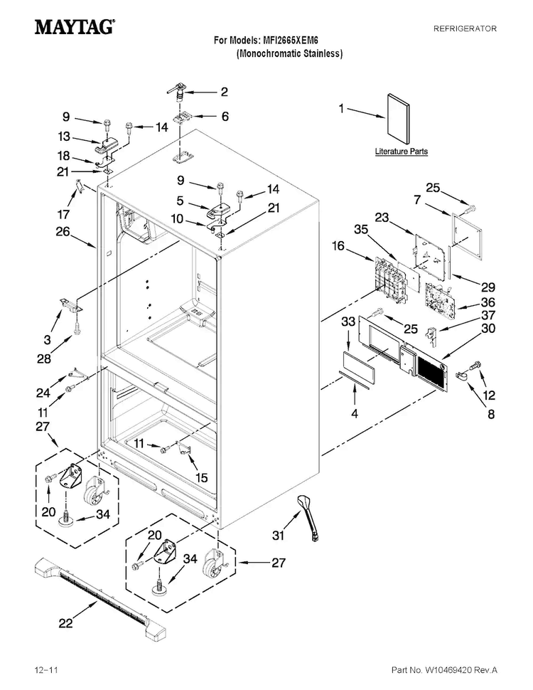 Cabinet Parts Diagram and Parts List for MFI2665XEM6  Maytag Refrigerator