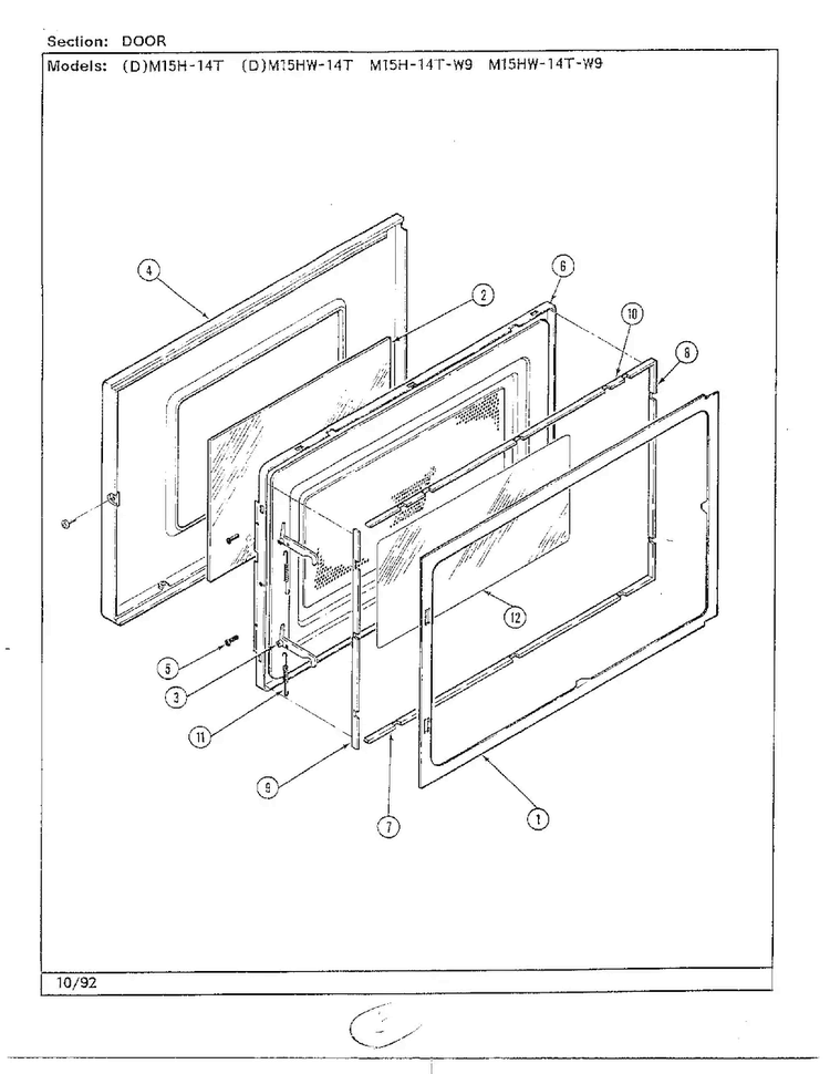 Door Diagram and Parts List for 9850  Magic Chef Microwave