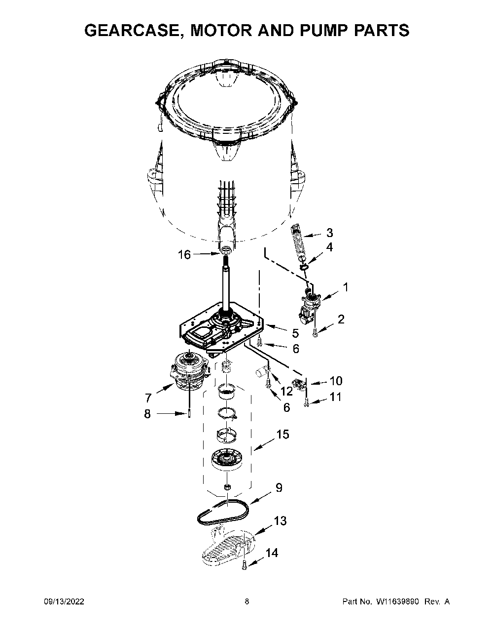 Gearcase, Motor And Pump Parts Diagram and Parts List for 11020232712  Kenmore Washer