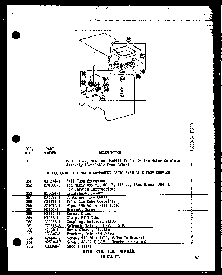 Add On Ice Maker 20 Cu. Ft. Diagram and Parts List for TC18B-P73500-7W  Amana Refrigerator