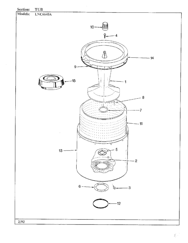 Tub Parts Diagram and Parts List for 6640A REV K Norge Washer