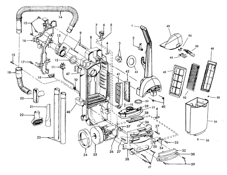 Motor, Handle, Hose, Outerbag Diagram and Parts List for U5363-900  Hoover Upright Vacuum