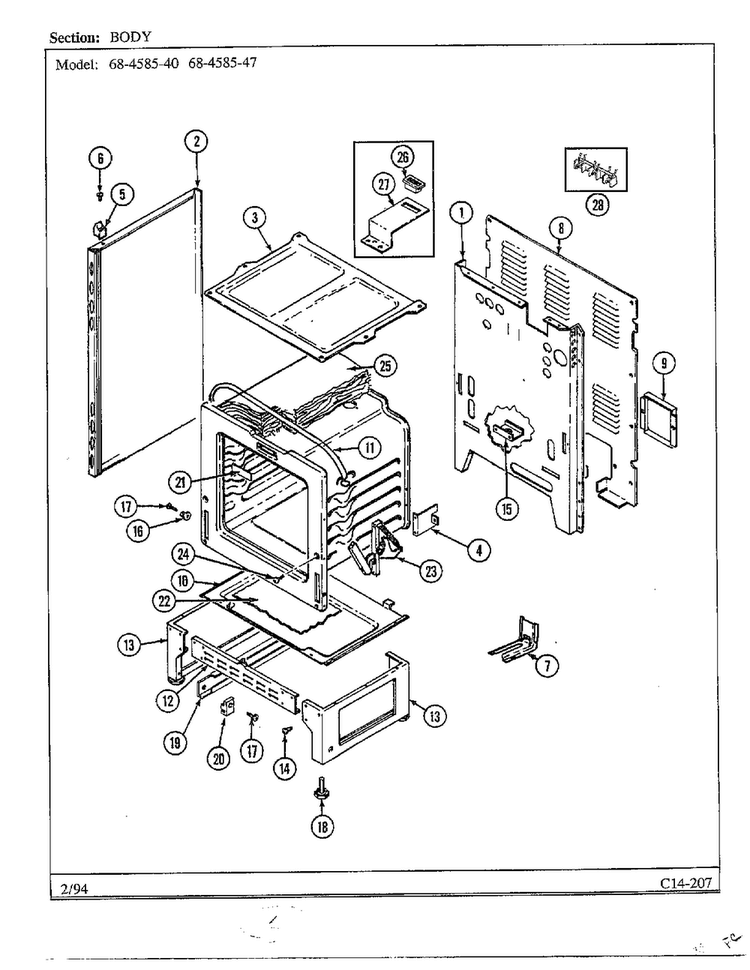 Body Diagram and Parts List for 68-4585-40  Magic Chef Range