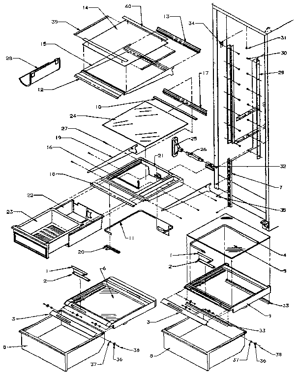 Refrigerator Shelving And Drawers Diagram and Parts List for SXDE27N-P1162203W  Amana Refrigerator