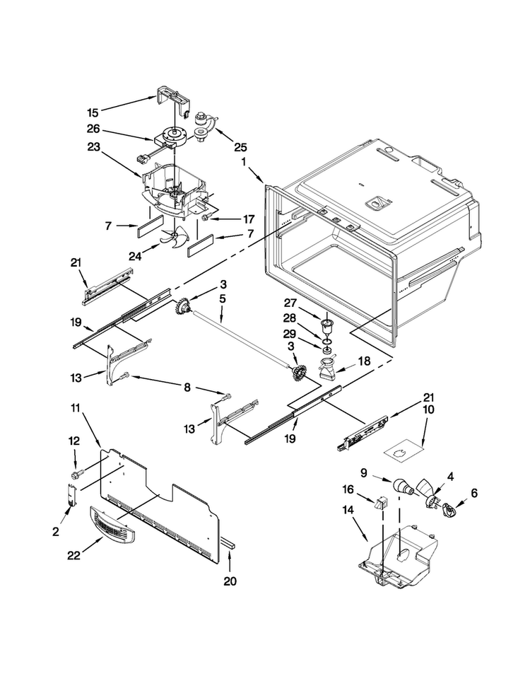 Freezer Liner Parts Diagram and Parts List for 5MFX257AA000  Maytag Refrigerator