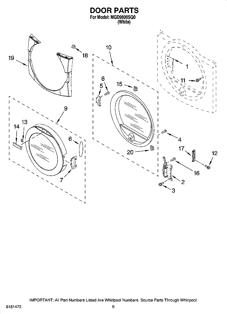 DOOR PARTS, OPTIONAL PARTS (NOT INCLUDED) Diagram and Parts List for MGD9600SQ0  Maytag Dryer