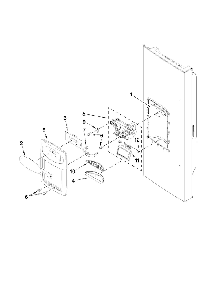 Dispenser Front Parts Diagram and Parts List for MFI2269VEQ5  Maytag Refrigerator