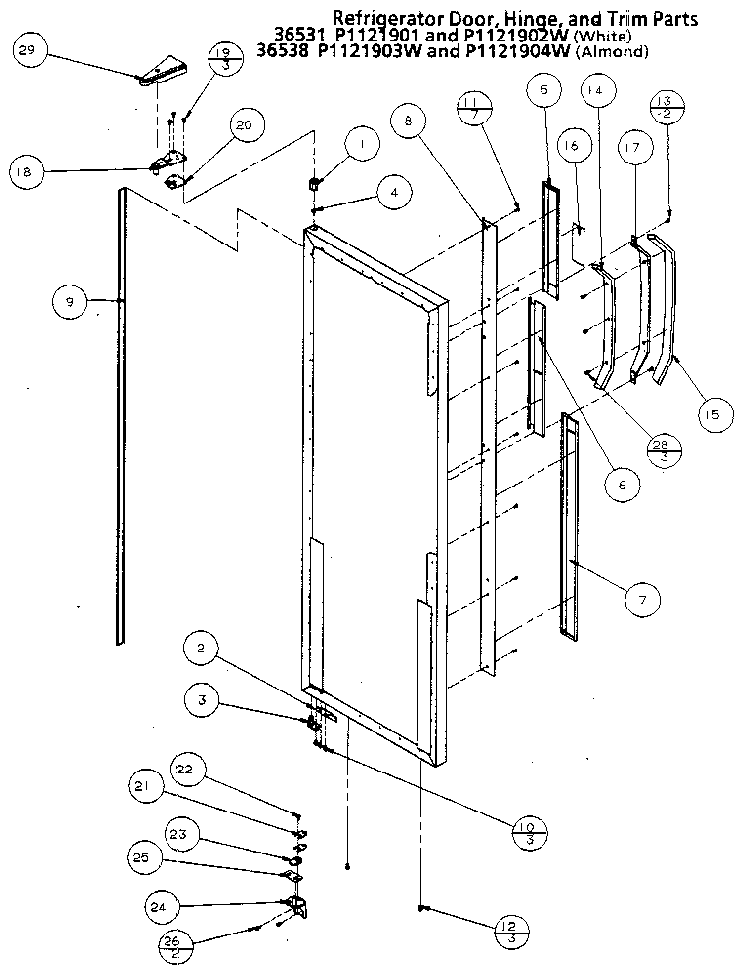 Refrigerator Door, Hinge And Trim Diagram and Parts List for 36531-P1121902W  Amana Refrigerator