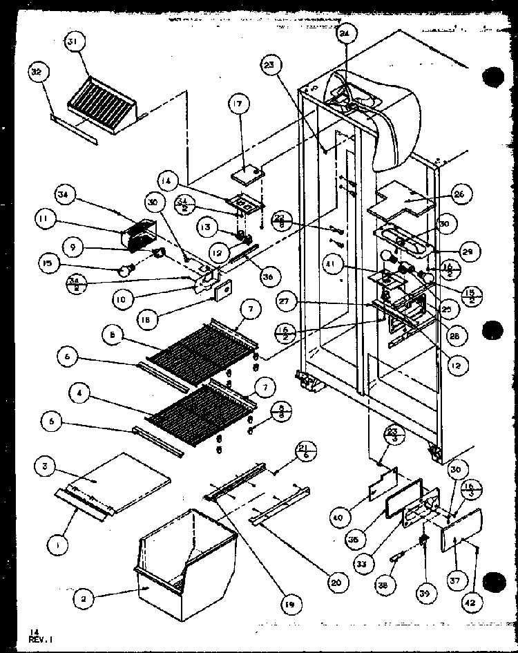 Freezer Shelving And Refrigerator Light Diagram and Parts List for SXD19MW-P1121402WW  Amana Refrigerator