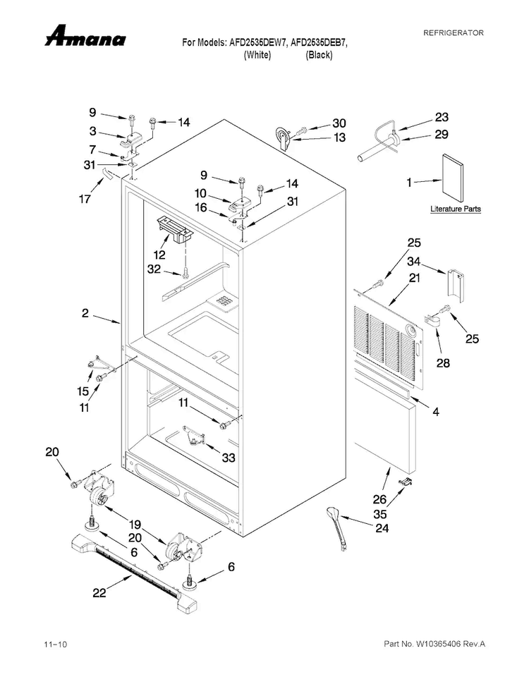 Cabinet Parts Diagram and Parts List for AFD2535DEW7  Amana Refrigerator