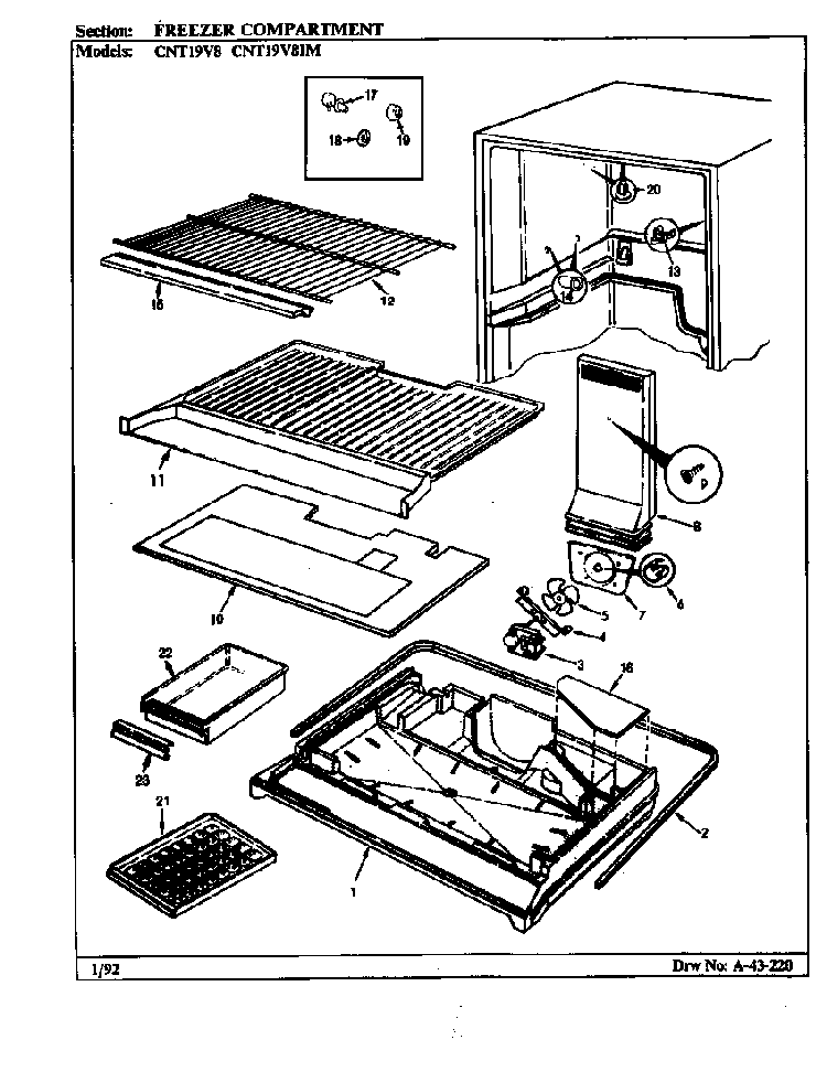 Freezer Compartment Diagram and Parts List for CNT19V8H BC54A Crosley Refrigerator