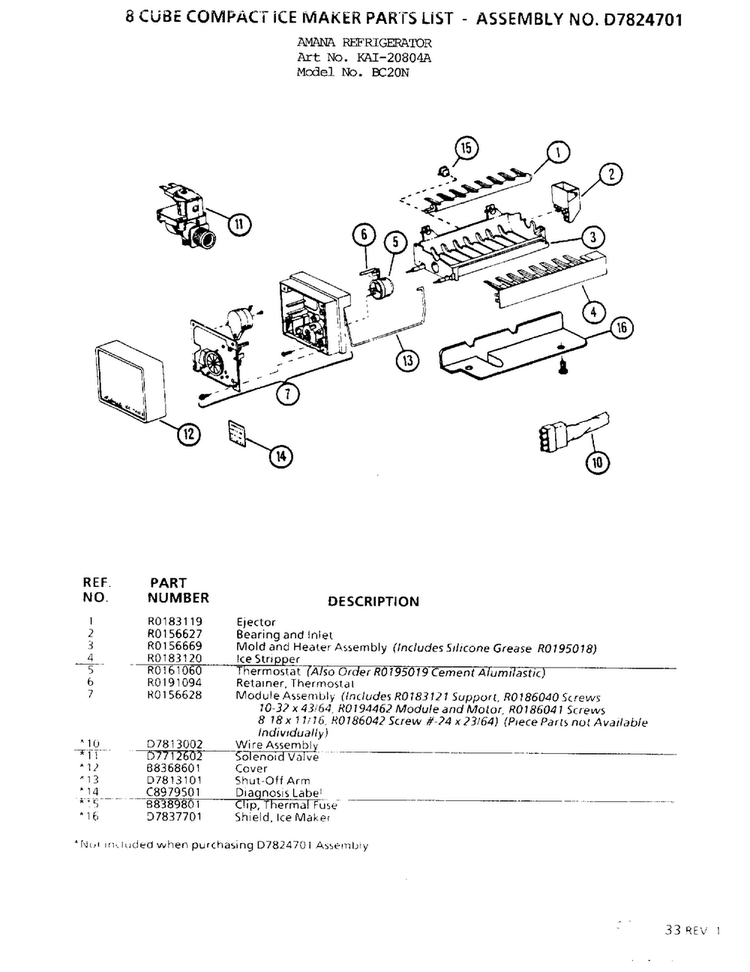 8 Cube Compact Ice Maker Parts List Diagram and Parts List for 20804A  Amana Refrigerator