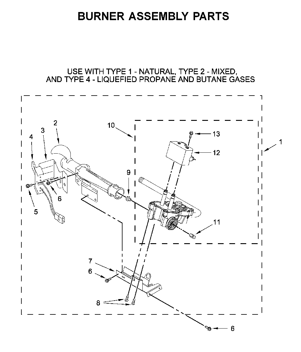 Burner assembly parts Diagram and Parts List for MGD6200KW0  Maytag Dryer