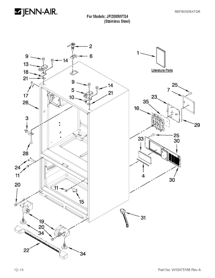 Cabinet Parts Diagram and Parts List for JFI2089WTS4  Jenn-Air Refrigerator