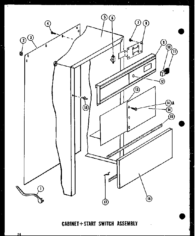 Cabinet + Start Switch Assembly Diagram and Parts List for ESMC-1-C P18011-2TC Amana Trash Compactor
