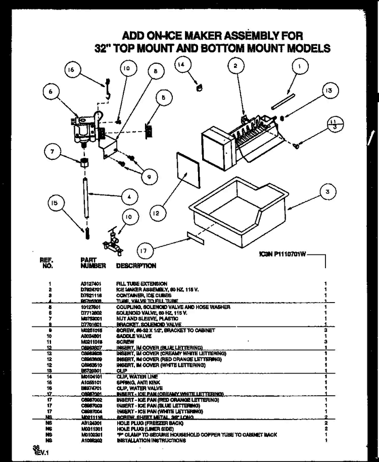 Add On-ice Maker Assembly For 32" Top Mount And Bottom Mount Diagram and Parts List for TZ21Q2E-P1111713WE  Amana Refrigerator