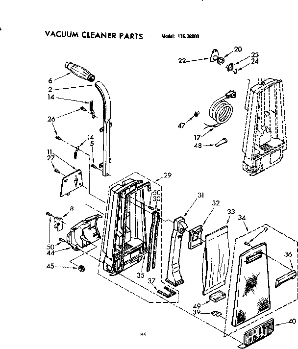Handle And Bag Housing Diagram and Parts List for 11638800  Kenmore Upright Vacuum