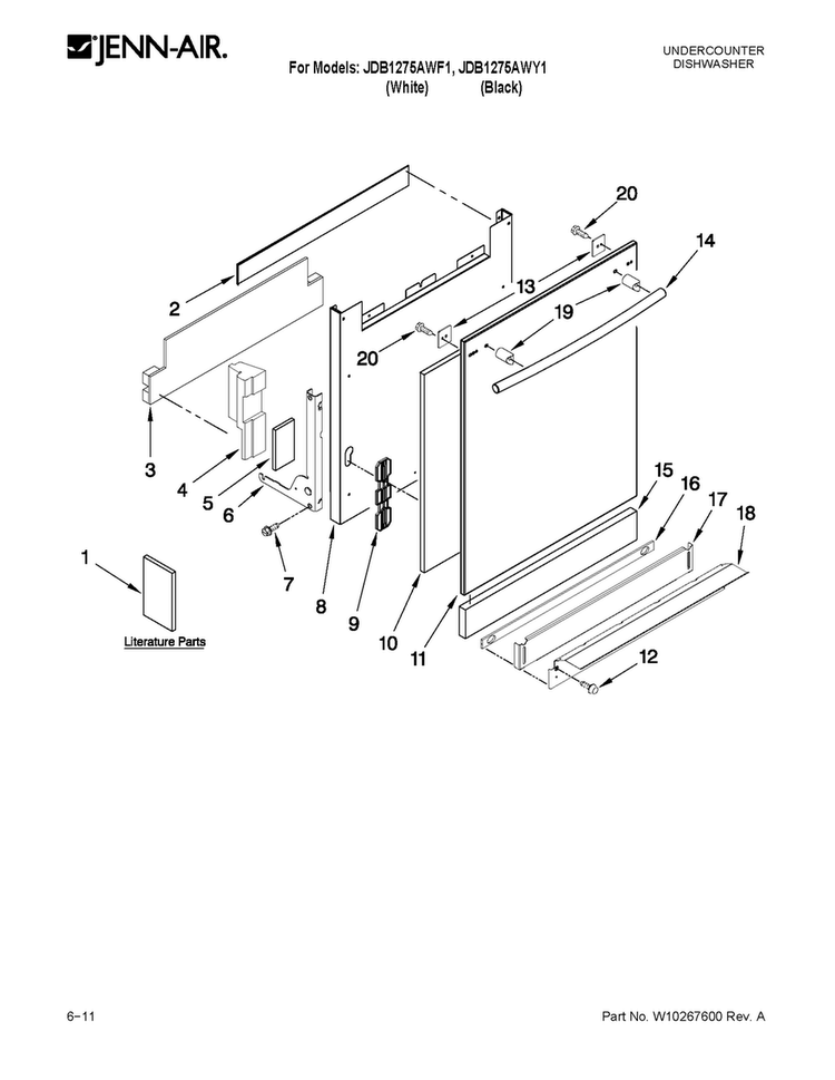 Door And Panel Parts Diagram and Parts List for JDB1275AWF1  Jenn-Air Dishwasher
