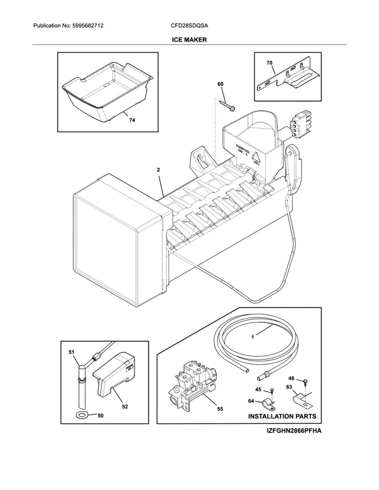 Ice Maker Diagram and Parts List for CFD28SDQSA  Crosley Refrigerator
