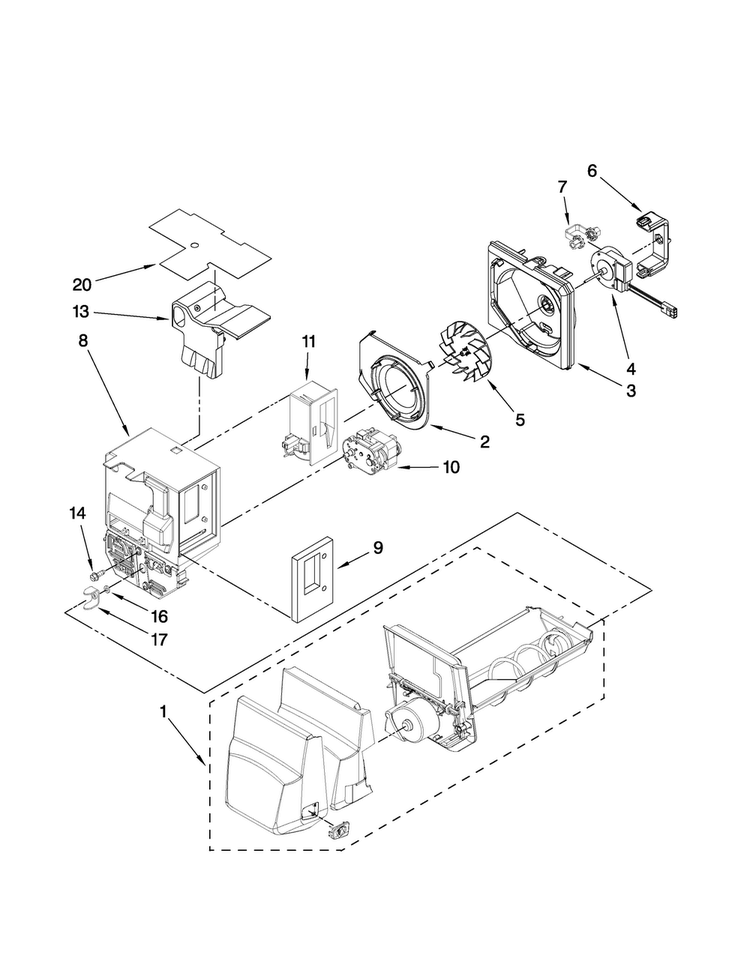 Motor And Ice Container Parts Diagram and Parts List for AFI2538AES7  Amana Refrigerator