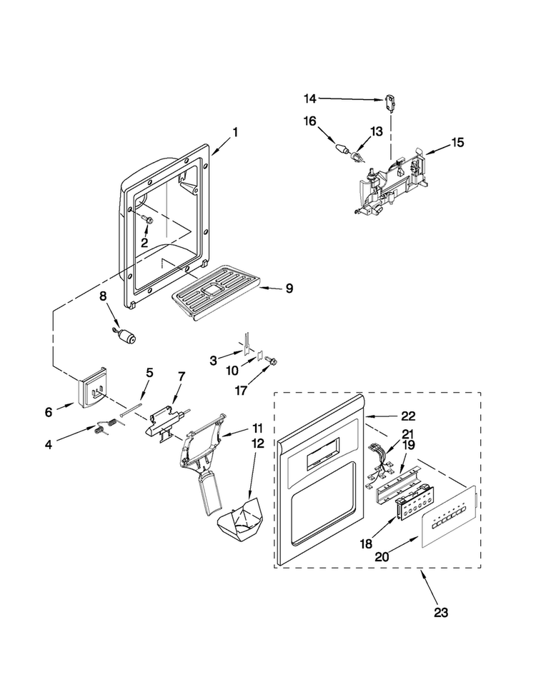 Dispenser Front Parts Diagram and Parts List for MSD2573VEW02  Maytag Refrigerator