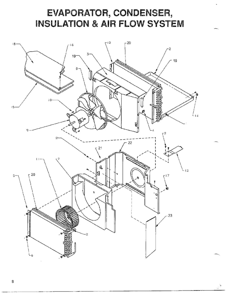 Evaporator, Condenser, Insulation, Air Diagram and Parts List for 5792  Amana Air Conditioner