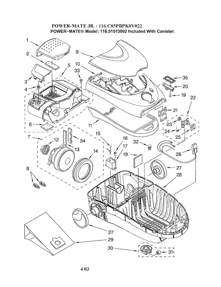 Hood/canopy Diagram and Parts List for 11621513002  Kenmore Canister Vacuum