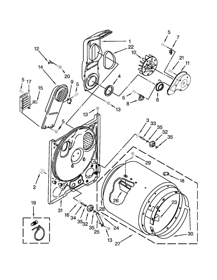 Bulkhead Parts Diagram and Parts List for NED4600YQ1  Amana Dryer