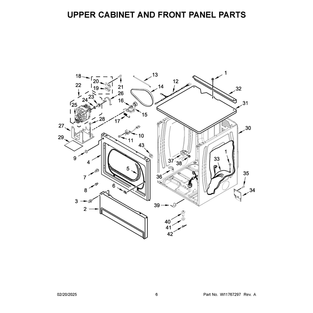 Upper Cabinet And Front Panel Parts Diagram and Parts List for MLG27PDFGW0  Maytag Dryer