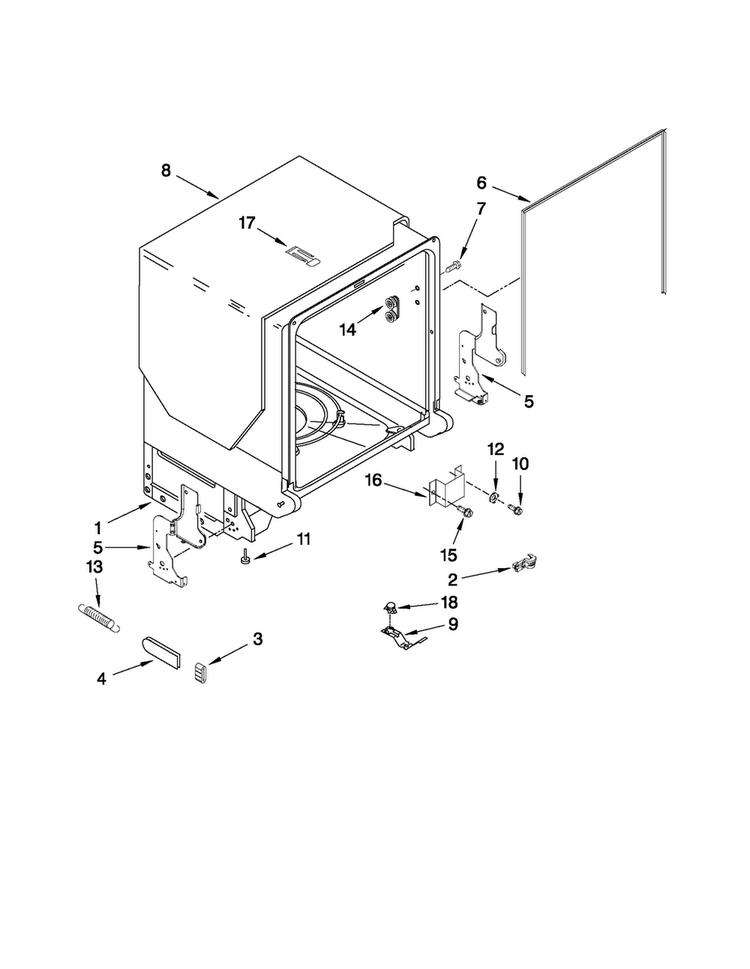 Tub And Frame Parts Diagram and Parts List for ADB1600AWQ2  Amana Dishwasher