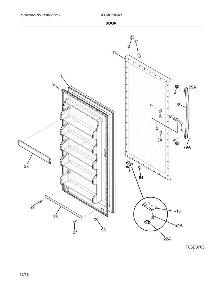 Door Diagram and Parts List for CFUMC21QW1  Crosley Freezer
