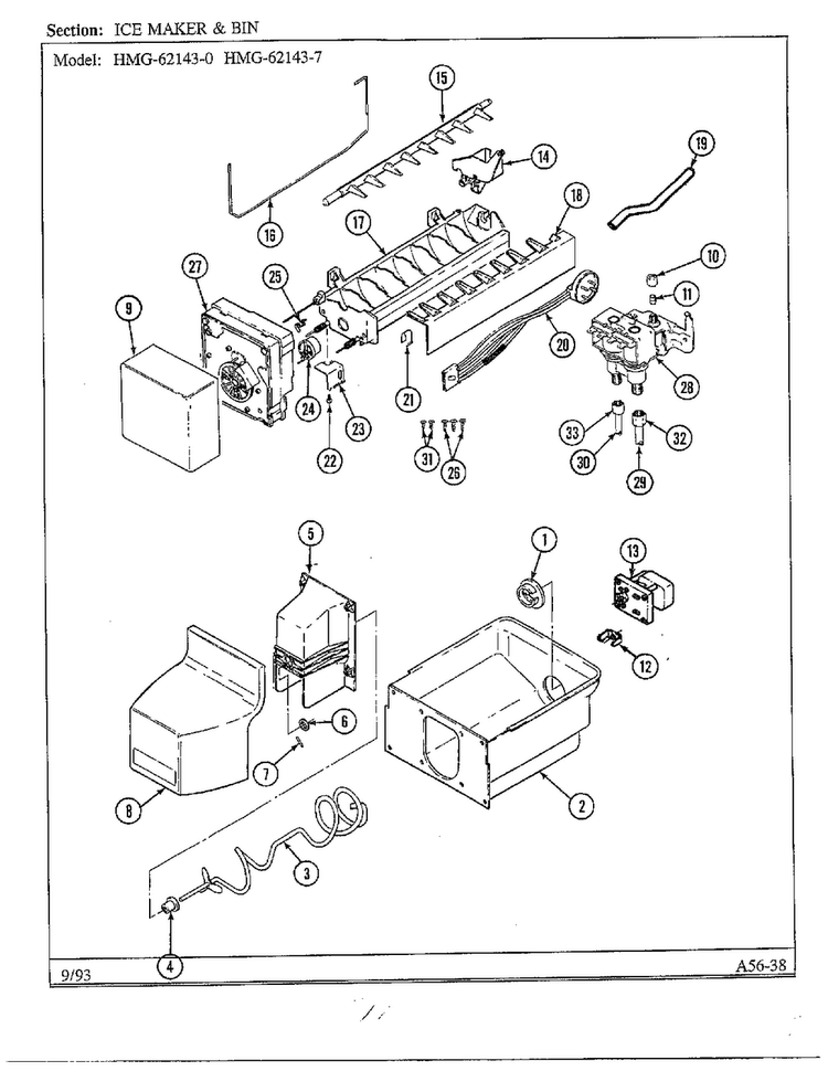 Ice Maker And Bin Diagram and Parts List for 62143-0A  Admiral Refrigerator