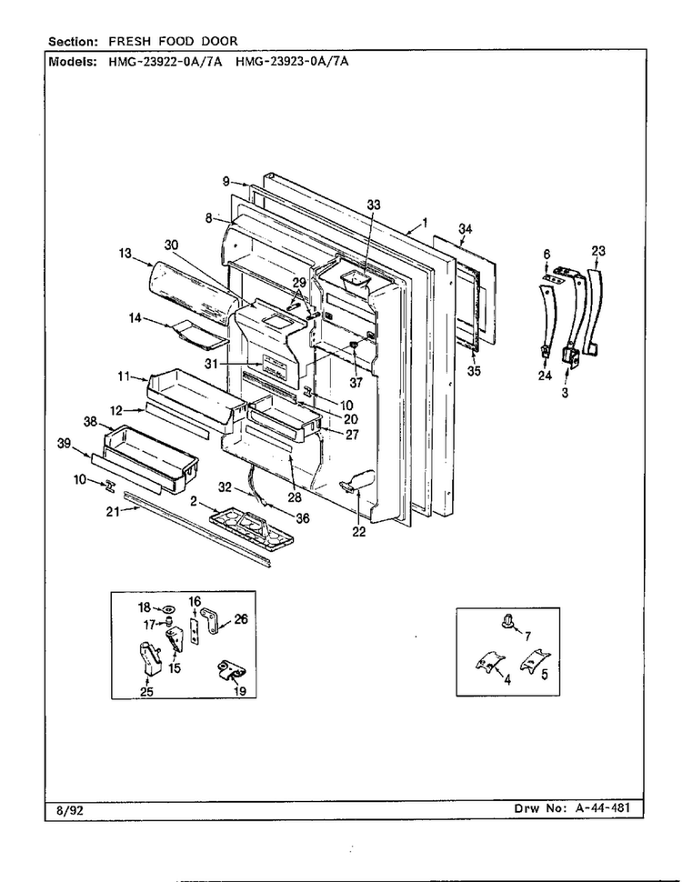 Fresh Food Door Diagram and Parts List for 23922-0A  Admiral Refrigerator