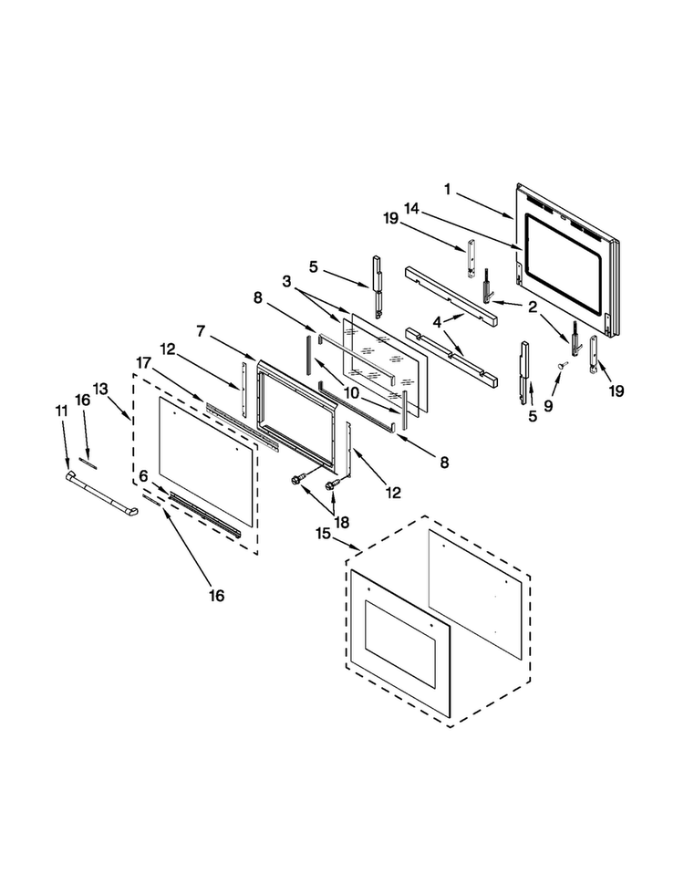Lower Oven Door Parts Diagram and Parts List for JJW2830WP00  Jenn-Air Wall Oven