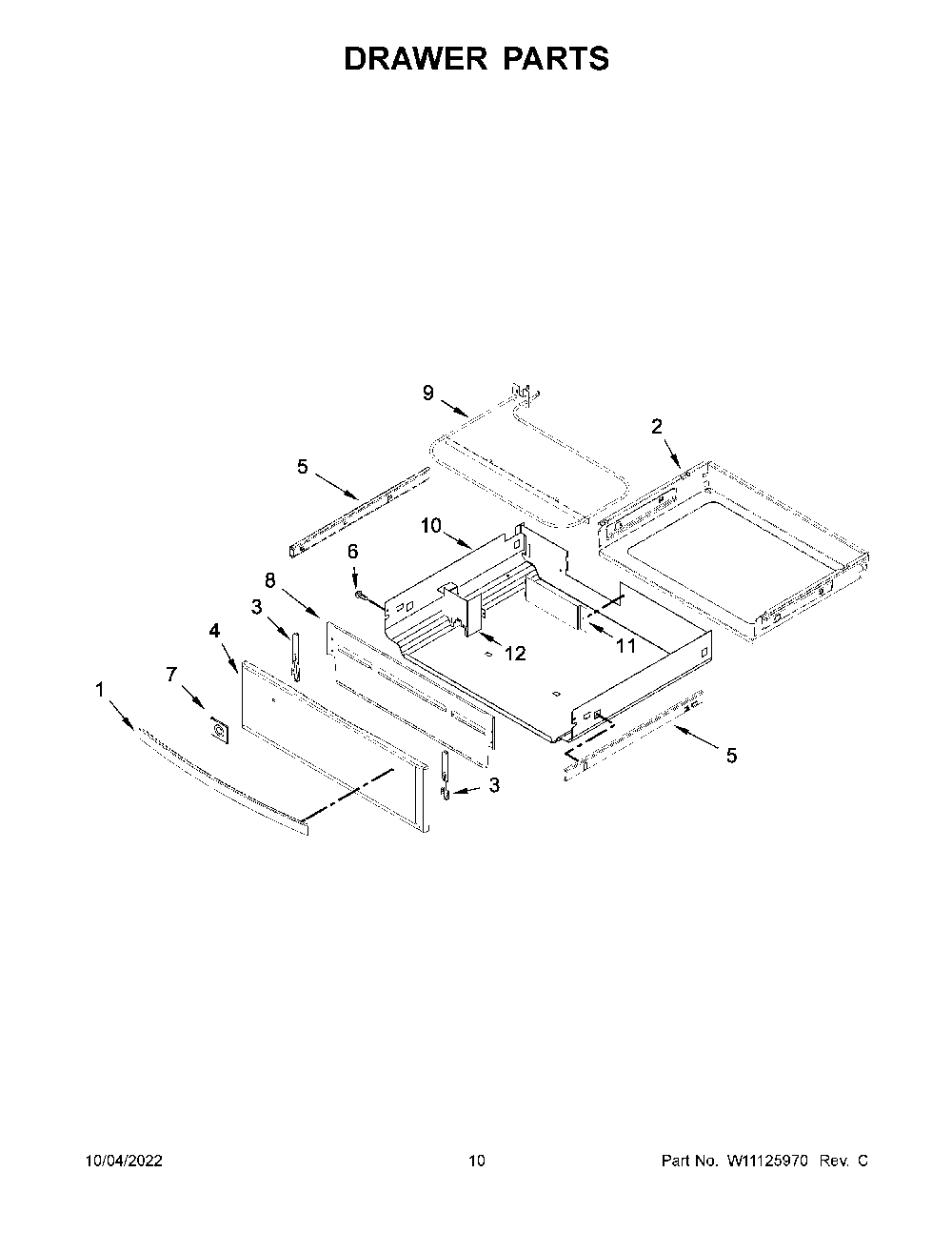 Drawer Parts Diagram and Parts List for 66475223710  Kenmore Range