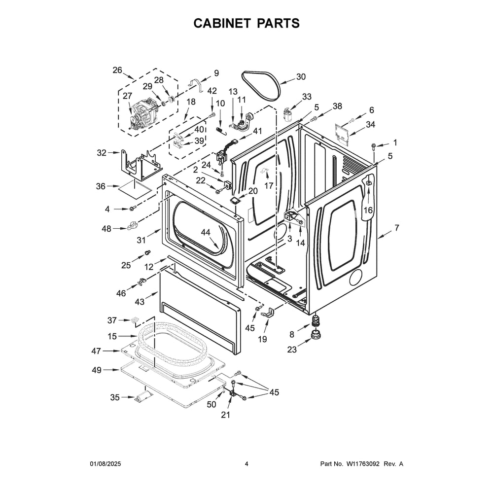 Cabinet Parts Diagram and Parts List for MDE20PDFGW0  Maytag Dryer